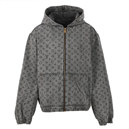 Louis Vuitton All-Over Monogram Jacquard Zip-Up Hooded Denim Jacket