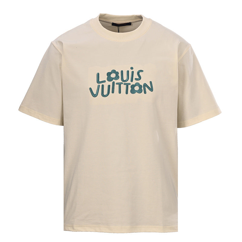 Louis Vuitton Short-Sleeve T-Shirt with Small Blue Floral Embroidered Lettering