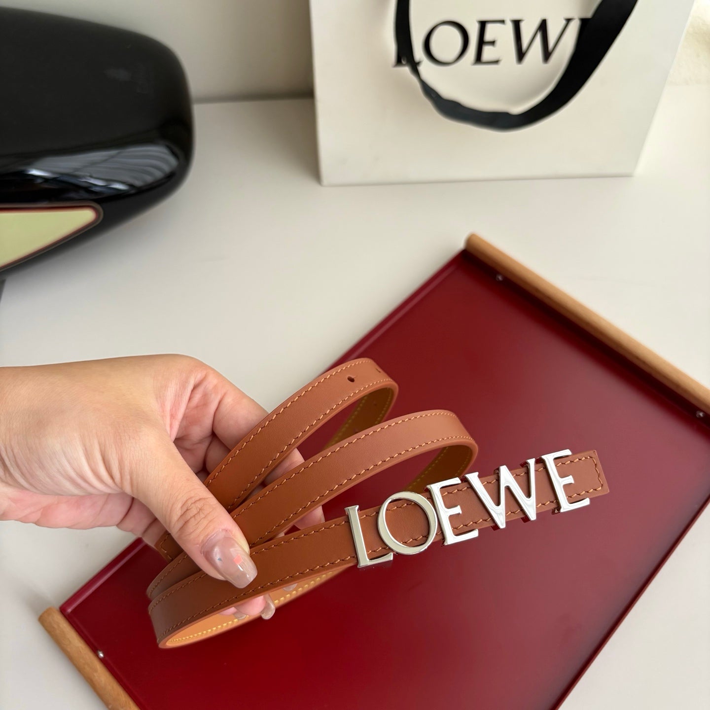 Loewe Women’s Leather Belt Anagram Buckle Classic Dress Waist Belt for Jeans Trousers Coat Casual Formal